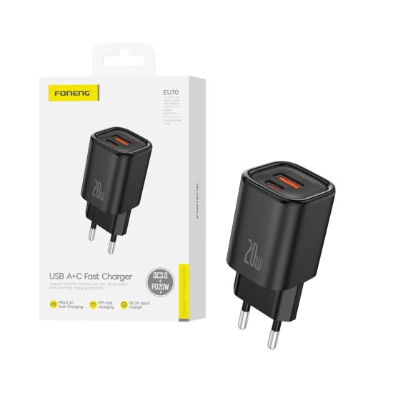 Foneng Adapter EU70 2 Ports USB+Tipo-C PD 20W Black